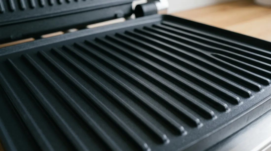 Nahaufnahme der beschichteten, geriffelten Grillplatte eines Kontaktgrills