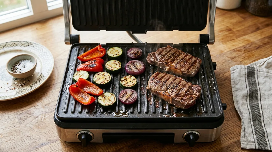 Steak und Gemüse auf der geriffelten Grillplatte eines zum Fotografieren geöffneten Kontaktgrills — geschlossen grillen beide Platten gleichzeitig