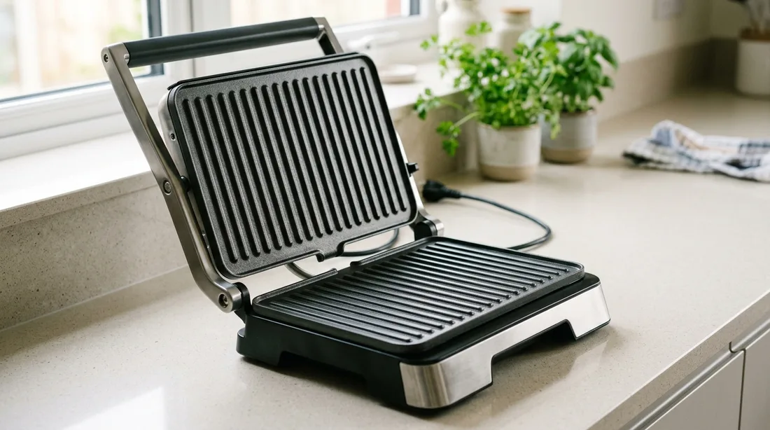 Geöffneter Kontaktgrill mit geriffelten Grillplatten auf einer Küchenarbeitsplatte