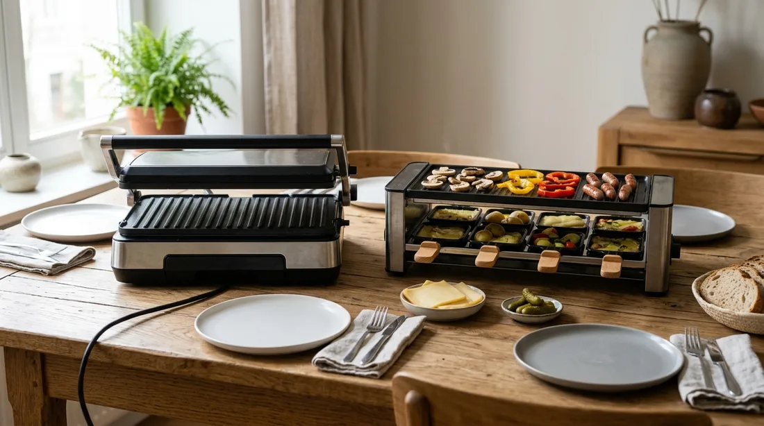 Kontaktgrill und Raclette-Grill nebeneinander auf einem Tisch