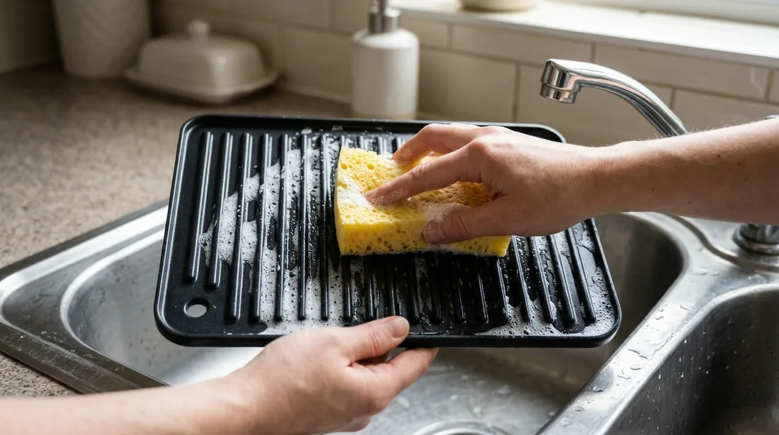 Herausgenommene Grillplatte eines Kontaktgrills wird über dem Spülbecken mit der weichen Seite eines Schwamms und Spülmittelschaum gereinigt